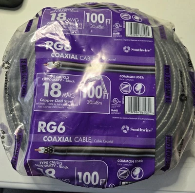Southwire 100 ft 18 RG6 Dual Shield CU CATV CM/CL2 Coaxial Cable Black - Image 1 of 3