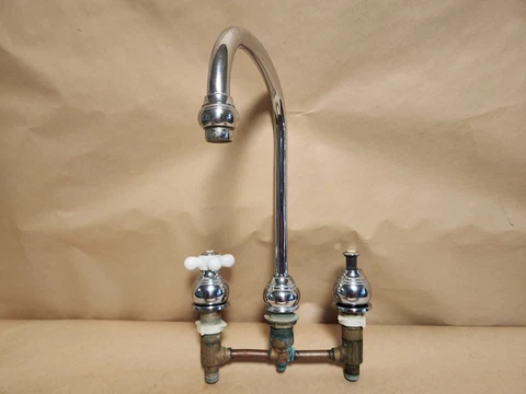 Vintage Gooseneck Chrome Faucet with Porcelain Handles Cover