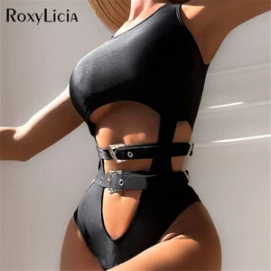 Sexy Traje de baño de una pieza con corte de barriga con cinturón corte de pierna alta para mujer - Imagen 1 de 9
