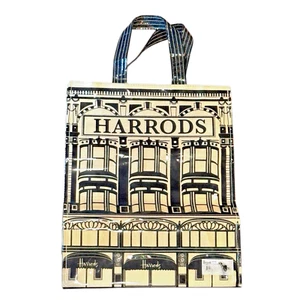 Harrods London Storefront Vinyl PVC Tote Bag Cream Black 11x14” Glossy Shopper - Picture 1 of 4