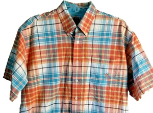 CINCH Men's ORANGE TURQUOISE Plaid Western Button-Down SS Shirt COTTON SZ M - Picture 1 of 6