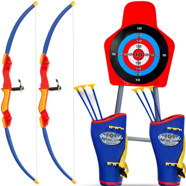 FINCOME Juego de 2 arcos y flechas para niños de 4-6-8-12, juego de tiro  con arco para niños y niñas, juguetes de arco y flecha con objetivo de pie,  2