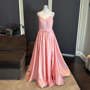 Women’s Pink Spaghetti Strap FullLength Leg Slit Formal Party Prom Dress Size 10 - Picture 1 of 10