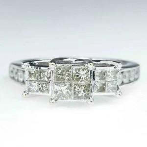 1.00ctw Princess Three Stone Cluster Diamond Engagement Ring in 10K White Gold - Picture 1 of 7