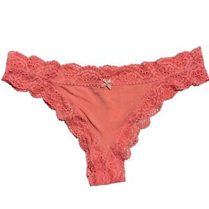 NWT AERIE Thong Sz M-L-XL Coral Pink Satin Lace Bow