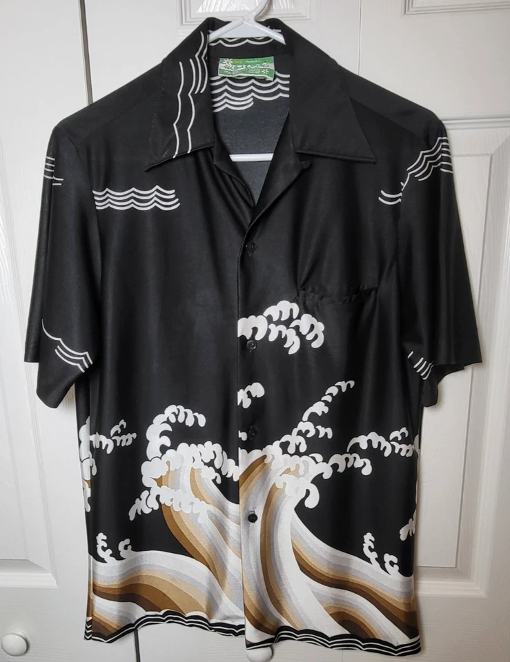 Camisa Hawaiana Waltah Clarke's Vintage Años 60 - "Tidal Wave" Multicolor Negra/Marrón Foto 1 de 4