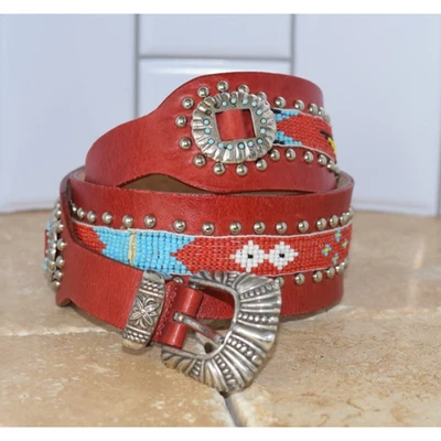 1997 Украшенный бисером Western красный кожаный ремень серебряная пряжка кончо 37" - Изображение 1 из 4