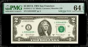 2017 A $2 Dollar Solid Star Error Note PMG 64 EPQ Serial # L03544839* Star Note - Picture 1 of 2