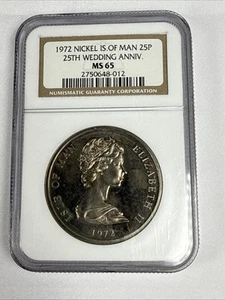 1972 Isle Of Man Silver 25 Pence 25th Wedding NGC MS65 Older Holder - Picture 1 of 4