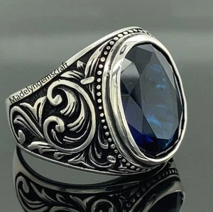 Blue Sapphire Ring Mens Turkish Ring Vintage Blue Stone Ring New Year Gifts Ring - Picture 1 of 7