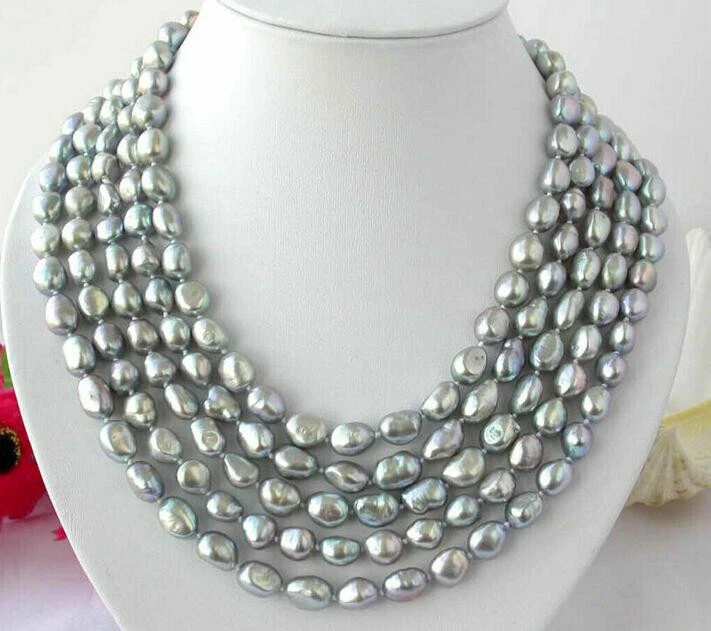 Classic 8-9mm Natural gray AAA South Sea Baroque Pearl Necklace 100'' 14k Gold P - Image 1 of 4