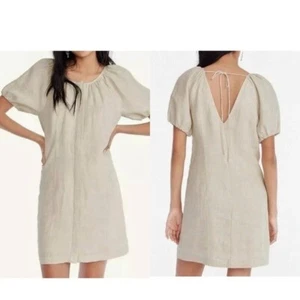 J Crew Puff Sleeve V-back Linen Shirtdress Dress Flax Neutral Sheath Size 24 - Picture 1 of 9