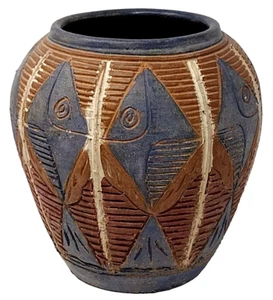 Jarrón de peces atómicos de gres cerámica artística vintage tallado rústico tribal folclórico MCM 9,5 - Imagen 1 de 15