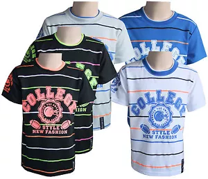 Boys Kids T-Shirts Casual Wear Crew Neck White Short Sleeve Striped Tops Yr 4-14 - Picture 1 of 6