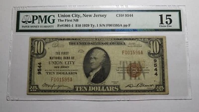 $10 1929 Union City New Jersey NJ National Currency Bank Note Bill #9544 F15 PMG - Image 1 of 4