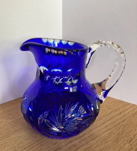 Cobalt Blue Cut to Clear Crystal 4.5" Glass Pitcher Vase Pinwheel Stars Polish ? - Picture 1 of 21