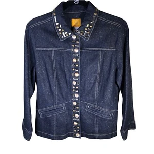 Ruby Rd. Womens Embellished Shimmer Denim Jacket Snap Buttons Blue Size M-10 - Picture 1 of 3