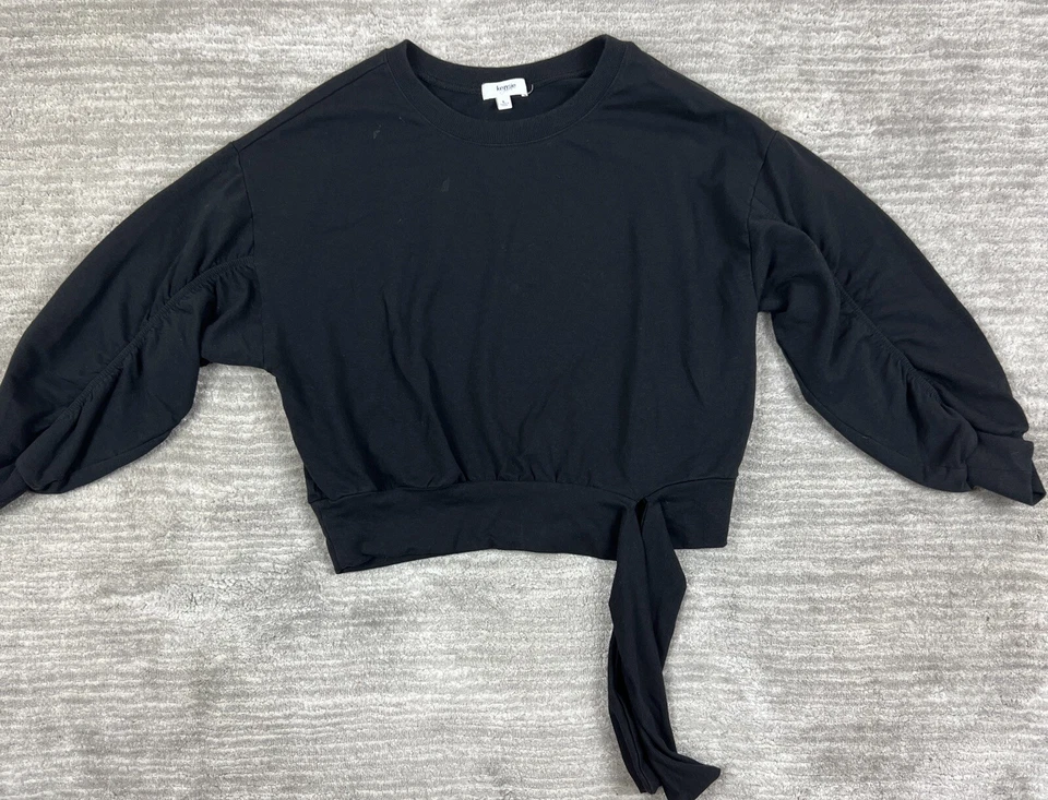 Kensie Jeans Sweatshirt Womens Large Black Gathered Tie Front Top Ruched Sleeves - Image 1 of 4