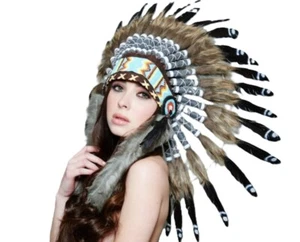 Native American Headdress - Brown/Black - Spotted Feathers - Costume Accessory - Picture 1 of 2