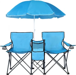 Double Portable Picnic Chair Folding Camping Chair W/Umbrella Table Beverage Hol - Picture 1 of 8
