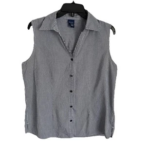Basic Editions Gingham Plaid Blue Sleeveless Button Up Top Womens Sz L Farmcore - Picture 1 of 10