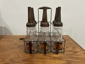 Philip 66 Motor Oil Set Of 6 Glass  Bottles With Tin Tops, With Carrier. F/S - Picture 1 of 6