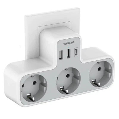 Presa Multipla TESSAN EU Con 3 Prese CA + 2 Porte USB + 1 Tipo C, Caricatore Da  - Immagine 1 di 4