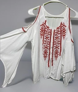 Jennifer & Grace Top Donna S Boho Rosso Camicia Ricamata Spalla Fredda Bohemien - Foto 1 di 6