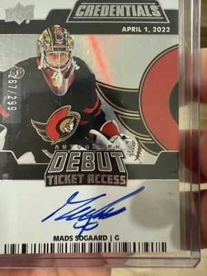 2022-23 UD Credentials Mads Sogaard Debut Ticket Access Rookie Auto #/299 - Image 1 of 2