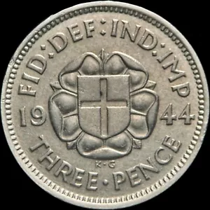 GREAT BRITAIN. 1944, 3 Pence, Silver - KGVI, Key Date, St. George, Tudor Rose - Picture 1 of 3