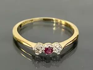 Vintage 18K Yellow Gold W/ Ruby & Diamond Three Stone Ring Size J 1/2 - 5 - Picture 1 of 9