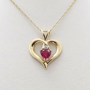 10k Gold Open Heart Ruby July Birthstone Diamond Pendant Necklace 20in New - Picture 1 of 8