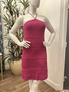 Old Navy Crochet Mini Dress Women L/8/10 Halter Tie Knit Fuchsia Pink Midi Boho - Picture 1 of 15