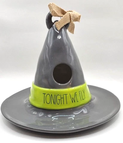 Rae Dunn Gray Ceramic Tonight We Fly  Witch Hat Bird House H 8" x W 9" Cover