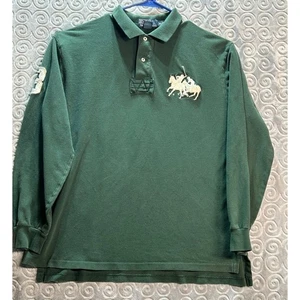Polo Ralph Lauren Long Sleeve Polo Shirt Green Double Big Pony #3 Y2K - Picture 1 of 10