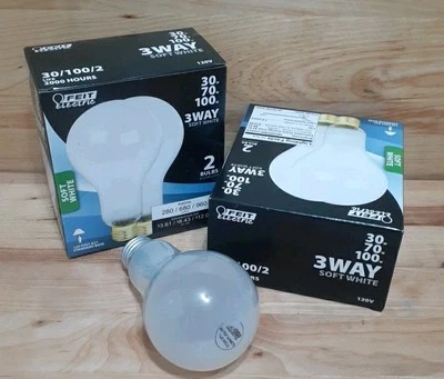 2[ 2CT] = 4 BULBS: FEIT ELECTRIC  LONG LIFE 3-WAY 30-70-100w ADJUSTABLE SAVES $$ - Image 1 of 4