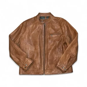 Herren L Daniel Cremieux Full Zip Leder Cafe Moto Jacke kariert gefüttert braun - Bild 1 von 9