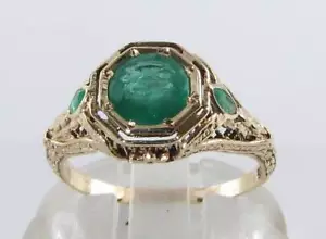 LARGE 9K 9CT GOLD COLOMBIAN EMERALD SOLITAIRE ART DECO INS FILIGREE RING SIZE T - Picture 1 of 5