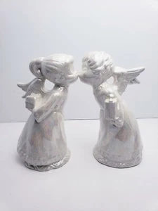 Set Of Two Kissing Angel Figurines Made In Florida USA. Glossy White Multicolor - Picture 1 of 9