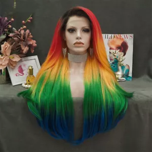 Colorful Wig Long Synthetic Lace Front Wig Rainbow Ombre Straight Wigs Women - Picture 1 of 10