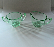 Vintage 1930 Green Depression Uranium Glass Creamer & Sugar Bowl star bottoms