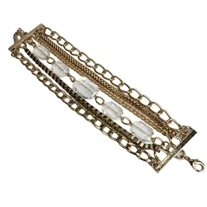 Brazalete de eslabones de 5 hilos tono dorado con detalles de cuentas de plástico blanco garra de langosta de 2" de ancho - Imagen 1 de 6