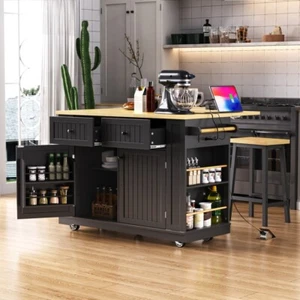 48inch Large Kitchen Island with 2 Bar Stools 2 Drawers,for Kitchen,Dining Room - Picture 1 of 24