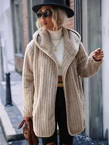 Women Open Front Ribbed Hooded Coat - Picture 1 of 28