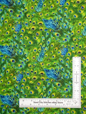 Tela de pavo real por yarda exótica pájaro plumas algodón verde Elizabeths Studio Foto 1 de 2