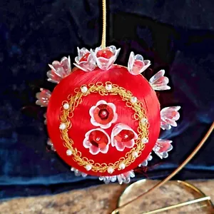 Handmade Red Satin Ball Ornament Beaded Sequins Rick Rack Gold Vintage 4" - Picture 1 of 3