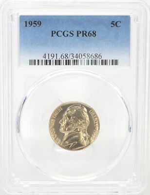 ONE OF PR68 1959 JEFFERSON NICKEL PCGS GRADED US 5C PROOF P-MINT EXACT COIN - Image 1 of 4