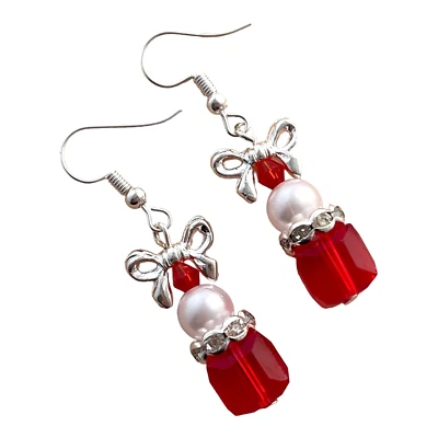 Beaded Earrings Red Christmas Present Crystal Cube White Pearl Bead Bow Pierced - Image 1 of 3