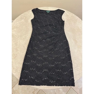 Ralph Lauren Women's Black Stretch Lace Bodycon Dress Size 14 Formal - Image 1 of 4