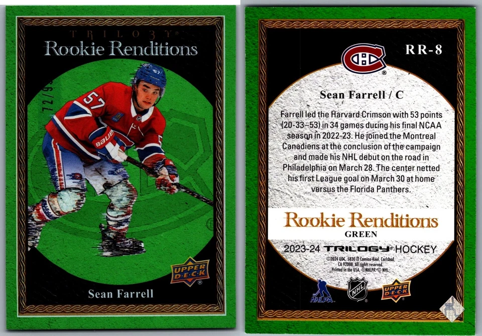 23-24 TRILOGY ROOKIE RENDITIONS GREEN - SEAN FARRELL /99 #RR-8 CANADIENS - Image 1 of 1